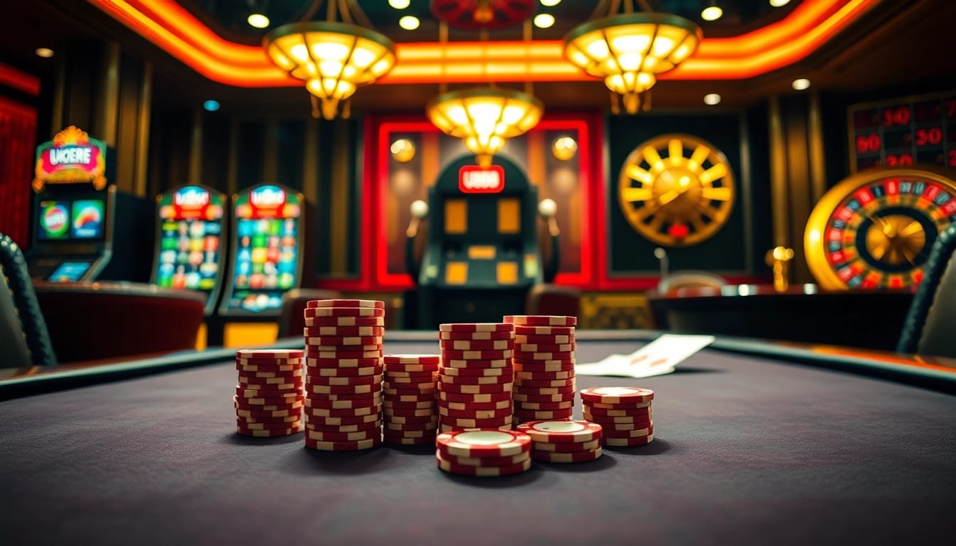 Experience the excitement of U888 at a luxurious poker table with vibrant chips and a bustling casino atmosphere.