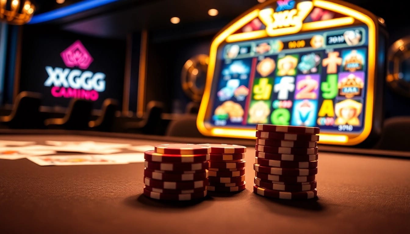 Experience the thrill of gambling with xxgg at a luxurious casino table filled with poker chips and vibrant slot machines.