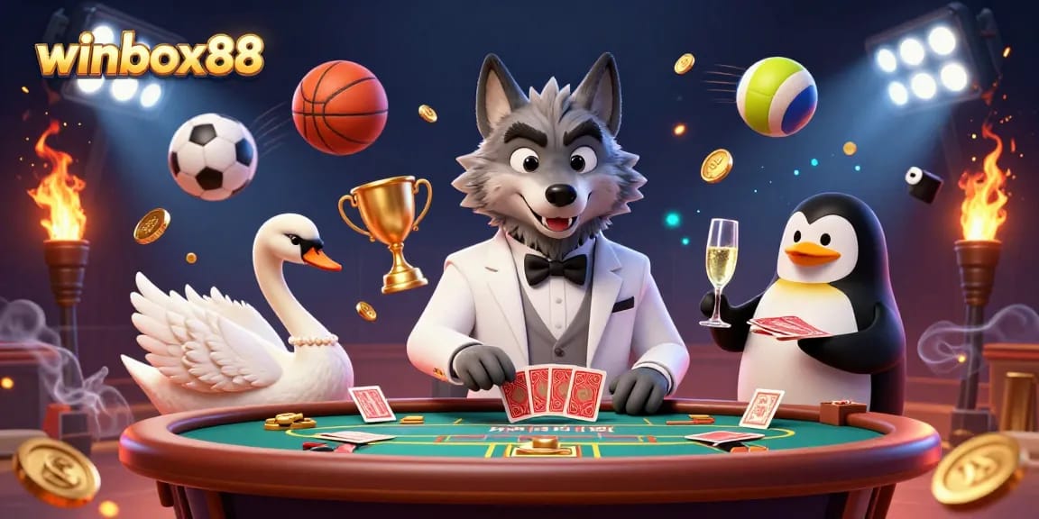 Experience winbox88's exciting atmosphere with a debonair wolf, elegant swan and sophisticated penguin at a dynamic baccarat table.