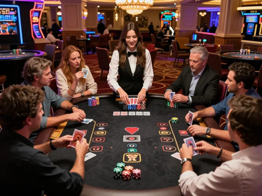 Players strategizing during an intense blackjack game at a Vegas casino with stacked chips in front, showcasing depo wagering excitement.