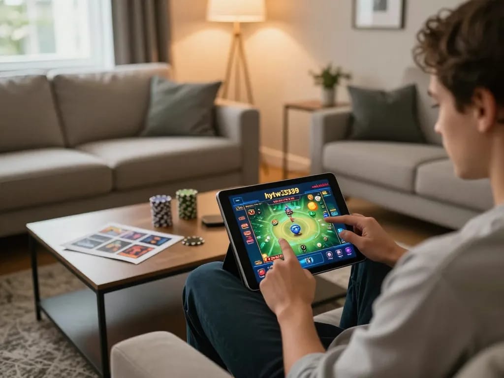 Person using hytw3339 com app on tablet while relaxing at home, engaging in online casino gaming