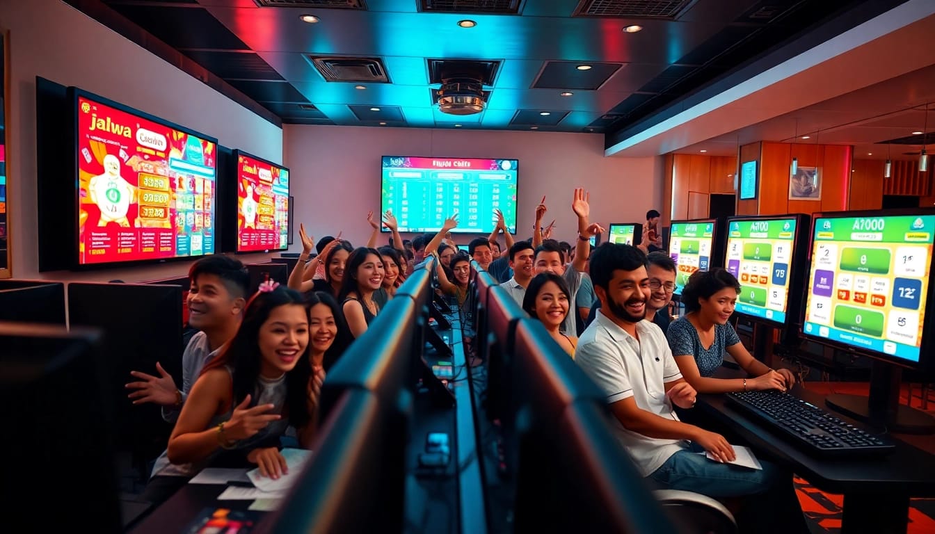 Engaged players enjoying the jalwa lottery game in a modern gaming lounge.