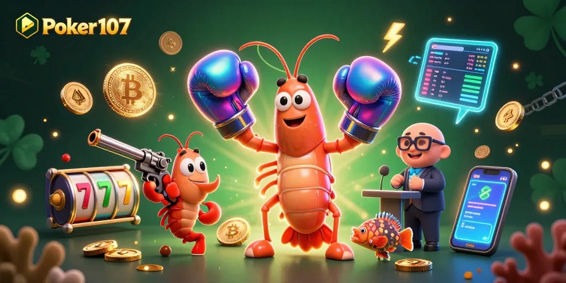 Poker107 brings excitement to the table with a lively 3D scene of animated shrimp characters showcasing winning moments against a backdrop of casino elements.