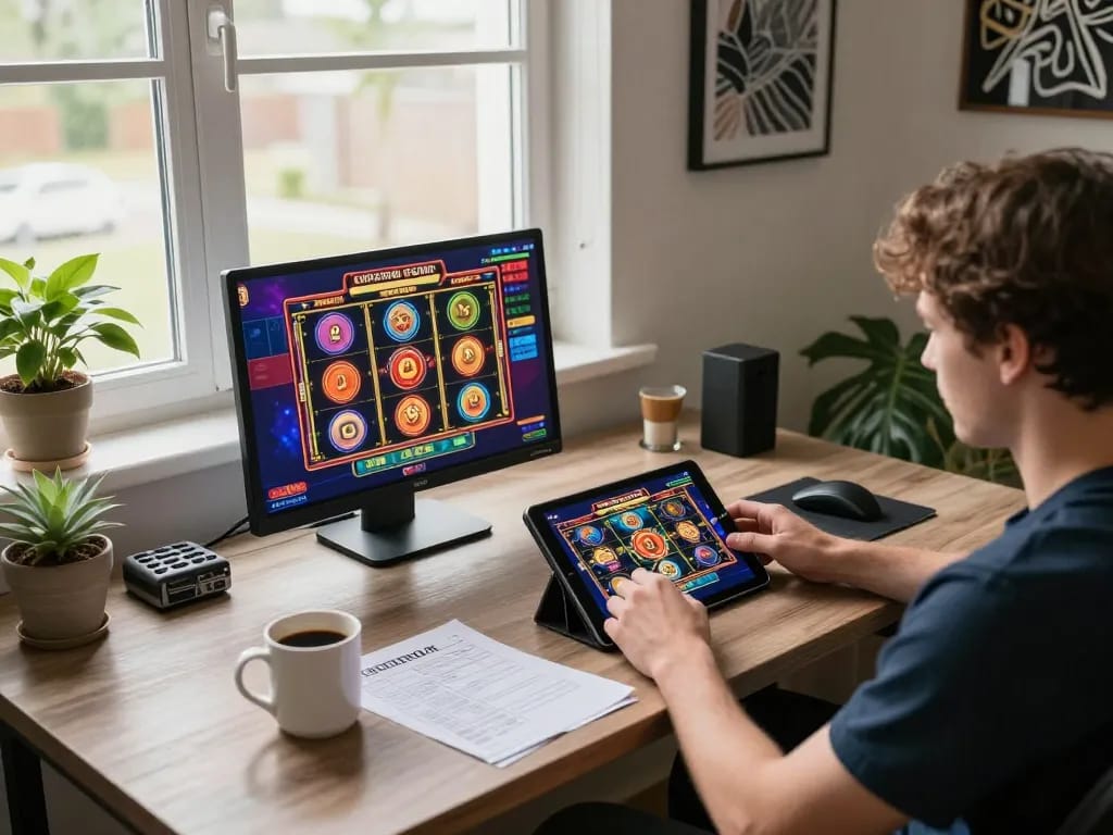 Engaging online gaming scene with a person using okwin app for casino gameplay and strategy notes