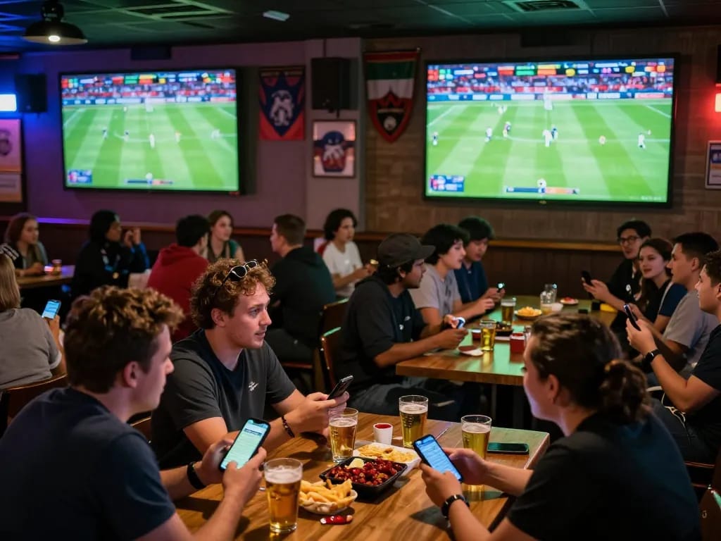 Fans using https://keotructuyen.jpn.com/ to place bets during an exciting football match, creating a lively sports bar atmosphere.