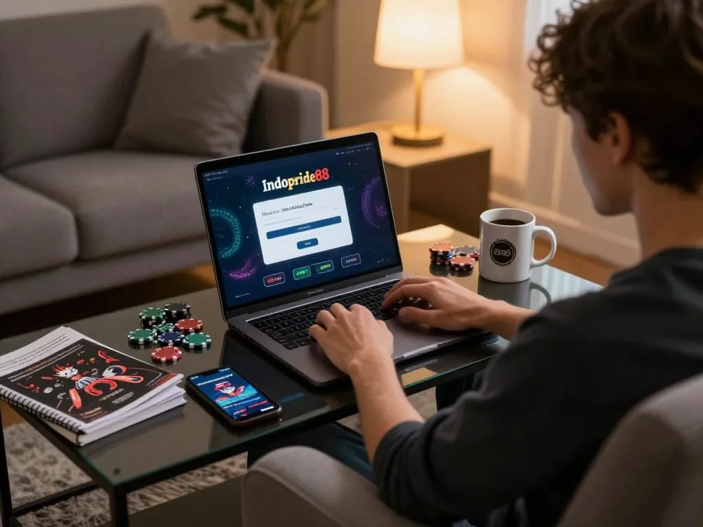 Engaging with indopride88 login on a laptop in a cozy living room setting, surrounded by gambling strategy notes.