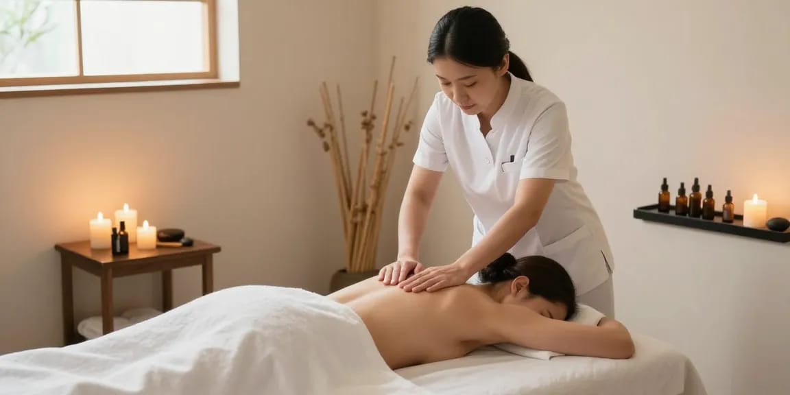 마사지 중인 전문 치료사와 편안한 마사지룸의 모습