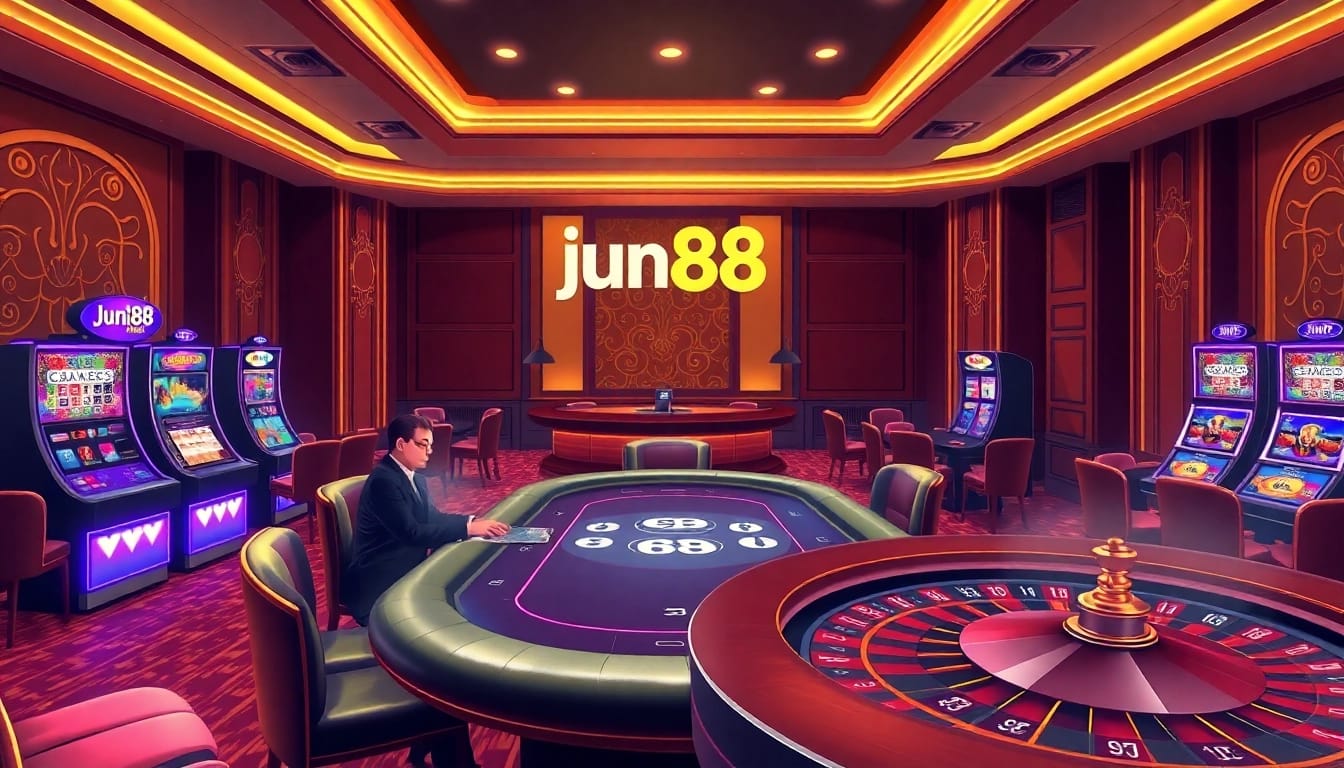 Engage in high-stakes gaming with Jun88 at a luxurious casino room, featuring poker tables and vibrant slot machines.