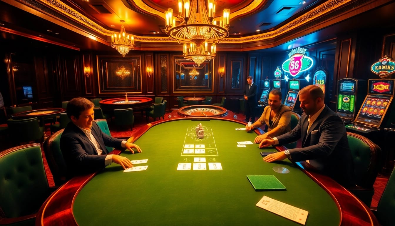 Bong88.casa offers a luxurious gaming experience with a vibrant poker table and roulette wheel.