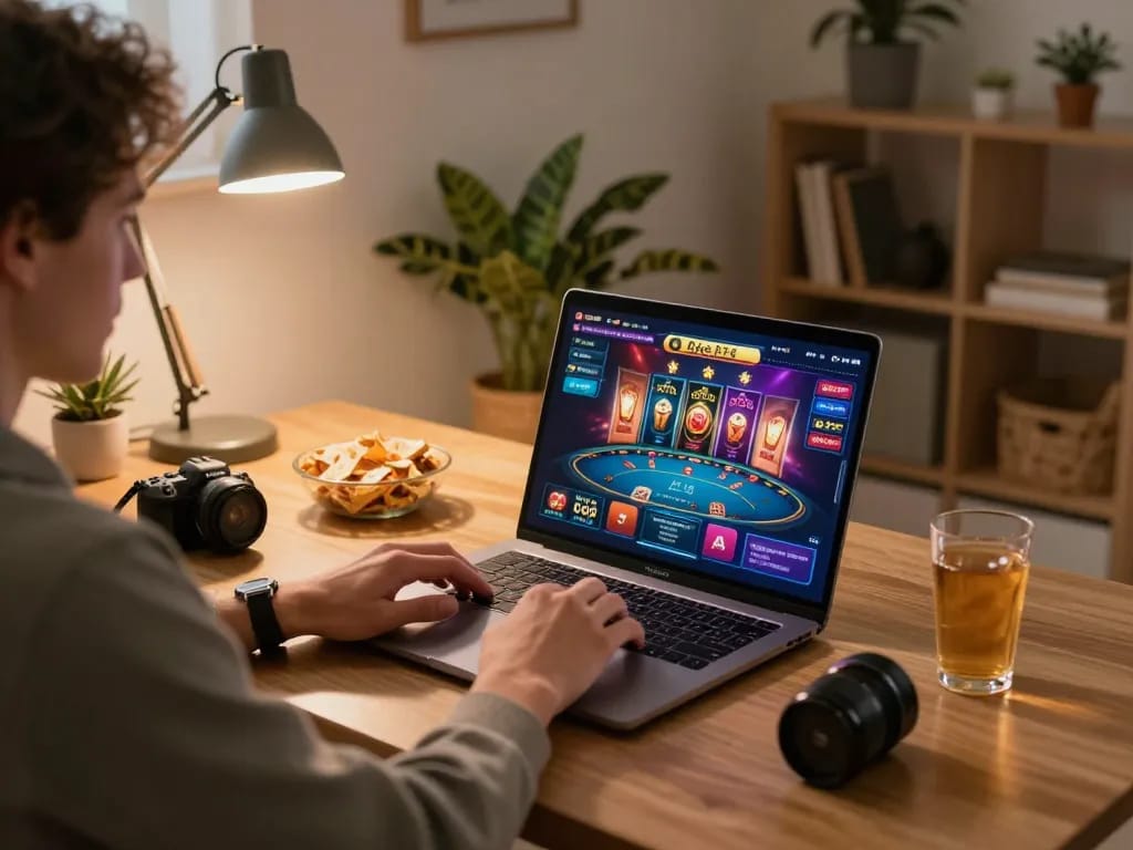 Player enjoying online gambling at home on tg88 casino, with vibrant game display and cozy atmosphere.