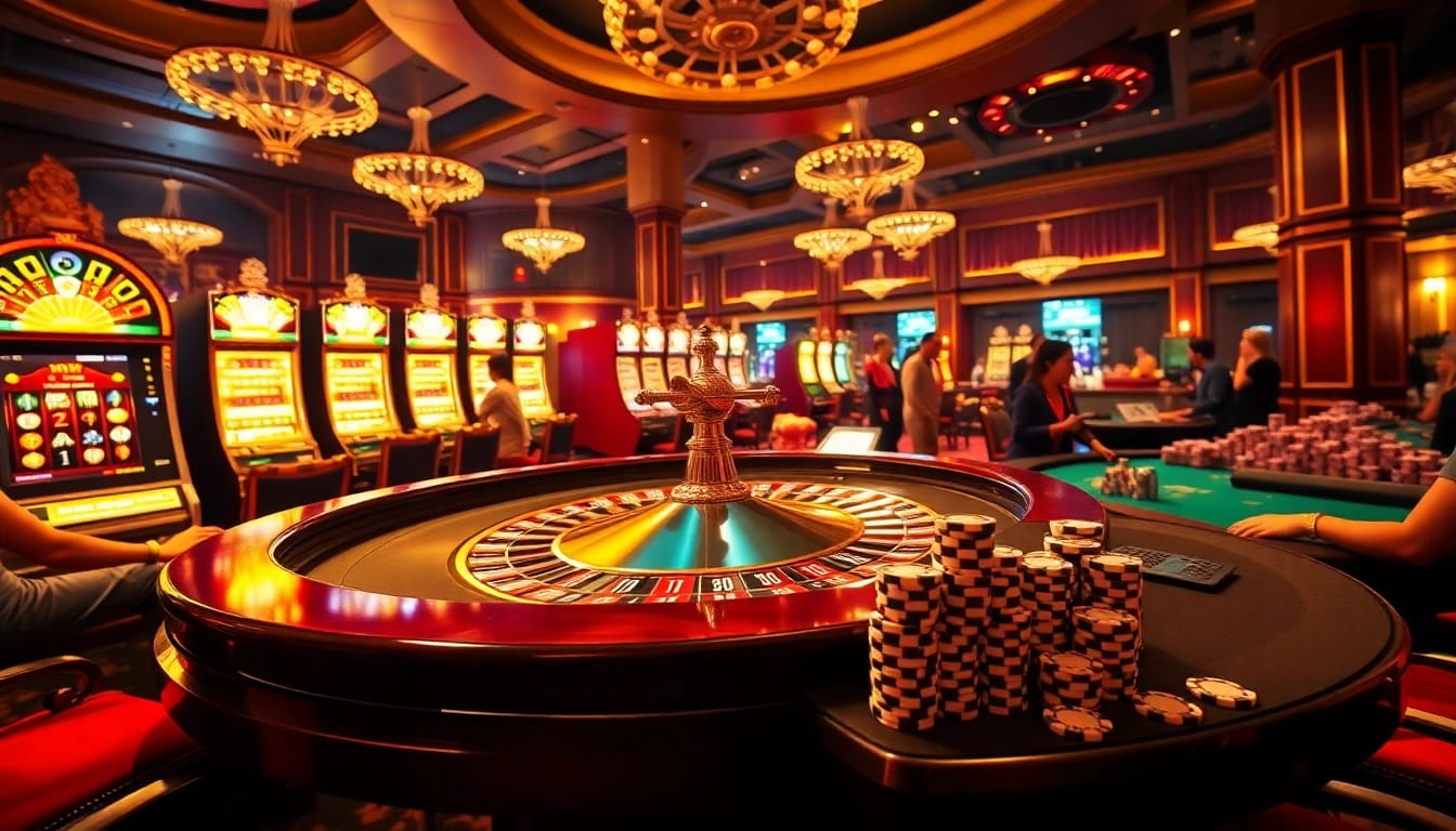 Excitation du casino en ligne avec des joueurs à une table de roulette et des machines à sous vibrantes.