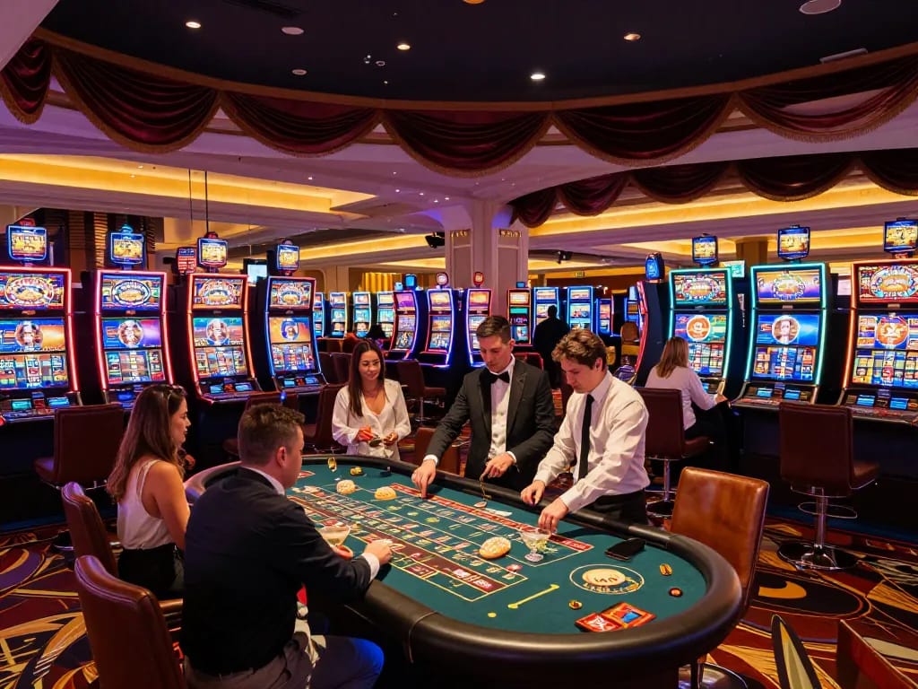 Players enjoying the exciting casino experience at xx88, vibrant slot machines and roulette tables observable.
