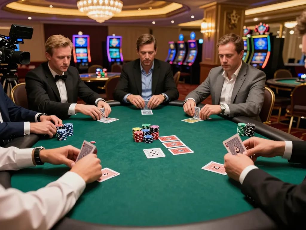 Players enjoying a strategic poker game at KKWIN's luxurious casino.