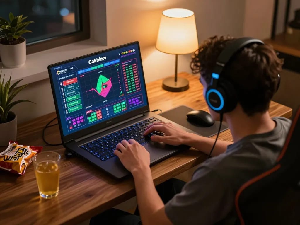 Experience Cakhiatv as a gamer analyzes live betting options in a cozy online gaming setup.