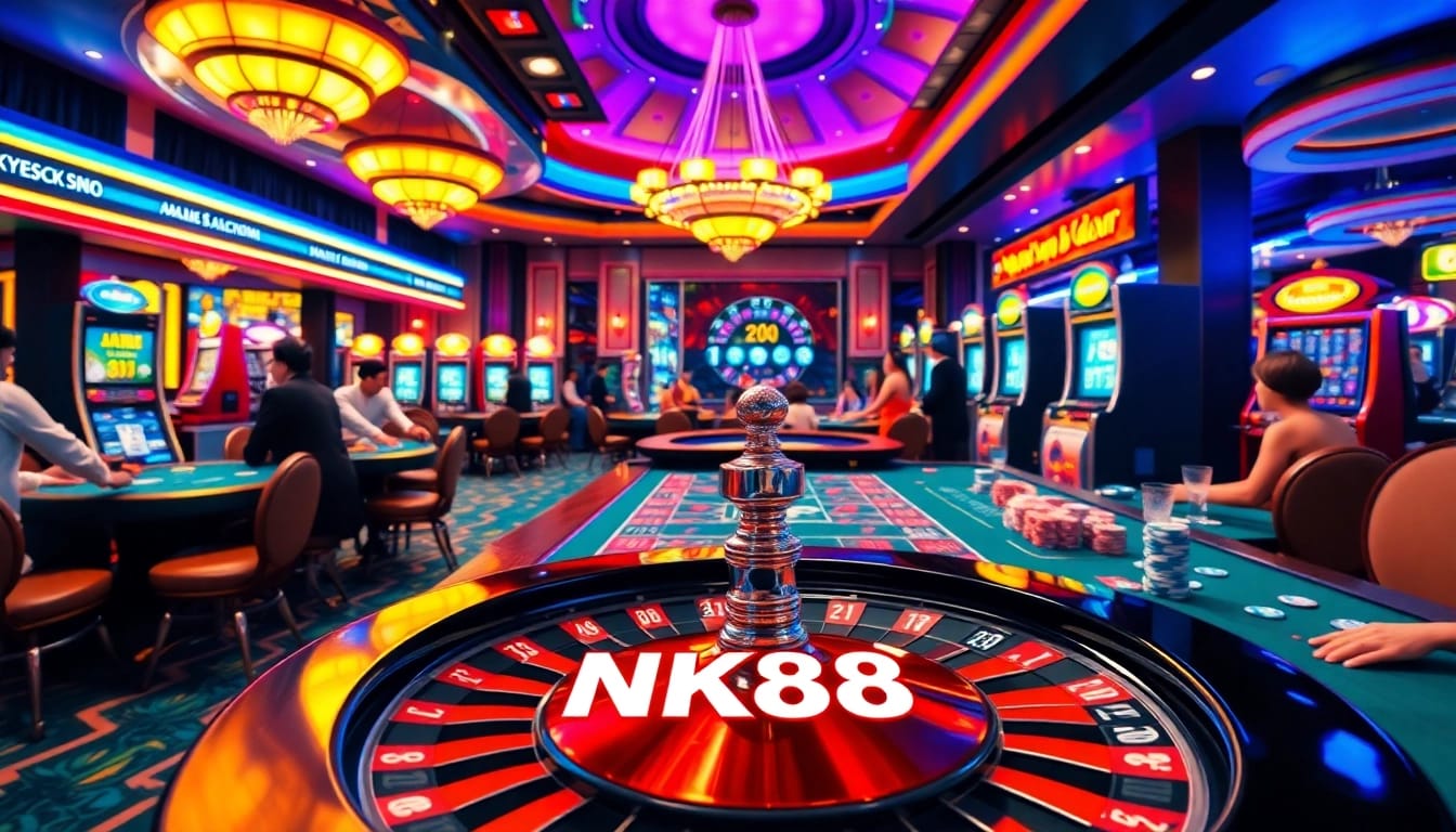 NK88 casino excitement with roulette wheel and players betting