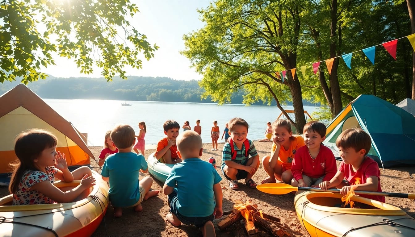 Children enjoying activities at Holiday camps surrounded by nature and bright colors.