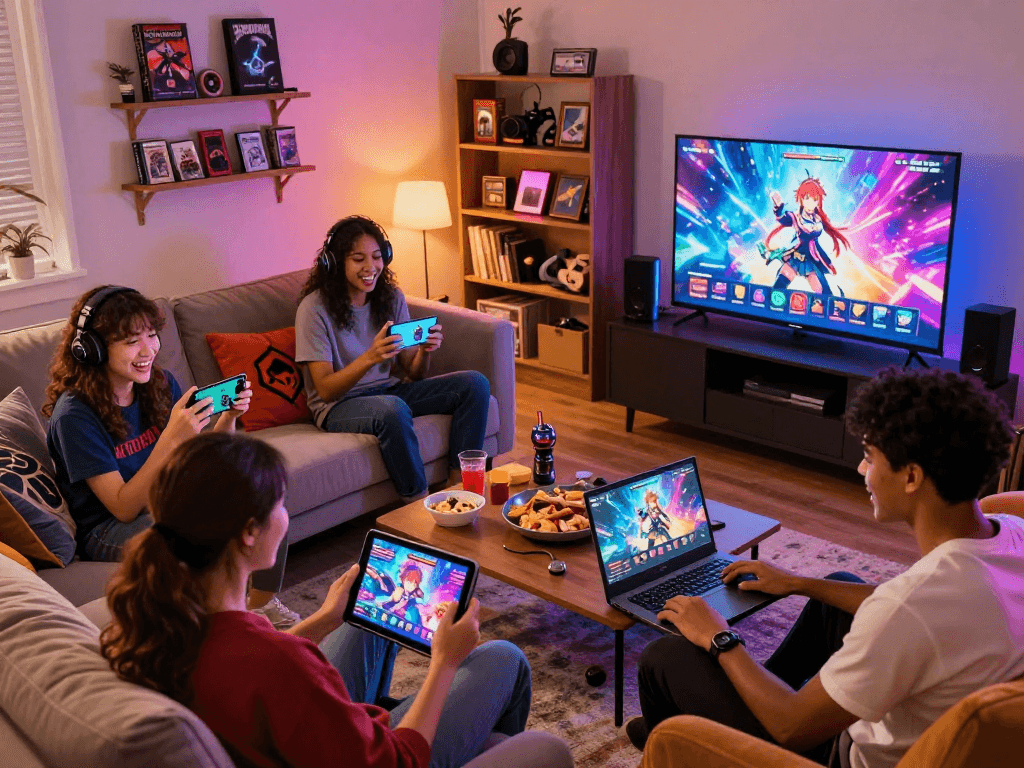 Gamers enjoying a hentai game in a vibrant living room.