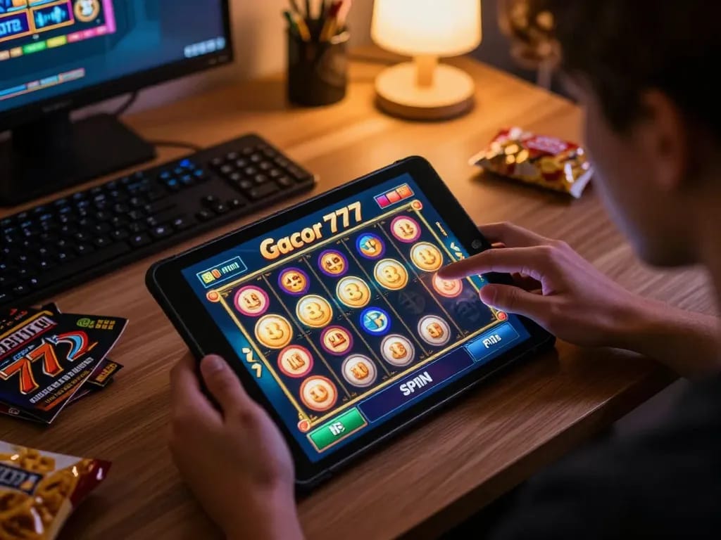 Enjoying a thrilling slot gacor 777 game on a tablet at home, showcasing a cozy and strategic online gaming environment.