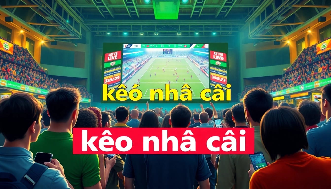 Exciting scene of kèo nhà cái sports betting with fans cheering and tracking live scores.