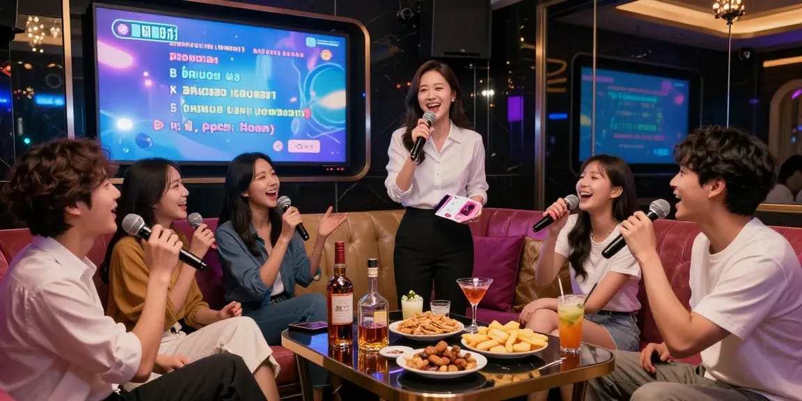 강남 가라오케에서 친구들과 함께 즐기는 화려한 분위기와 고급 음료들