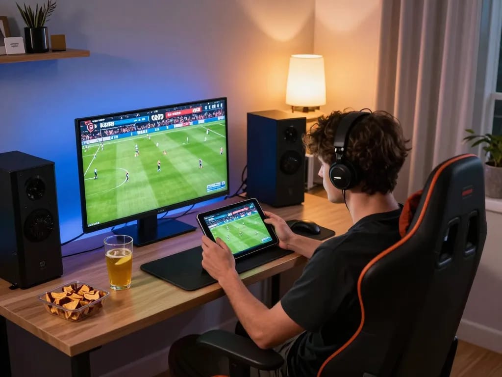 KQBD live football scores displayed on tablet during intense gaming session at home.