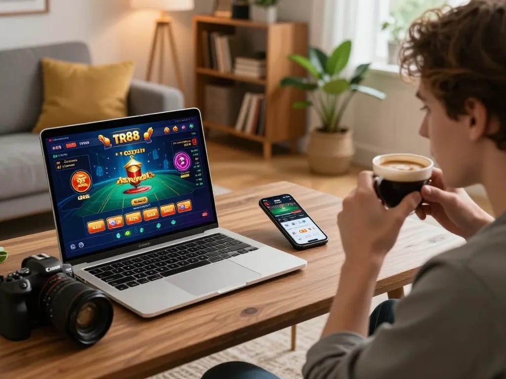 Engaged player using laptop for tr88 online casino gaming at home with strategic notes nearby.