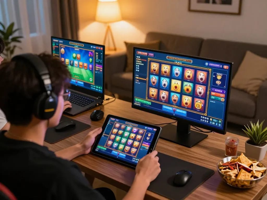 Engaging moment of players enjoying slot thailand game on multiple screens, reflecting excitement and strategy