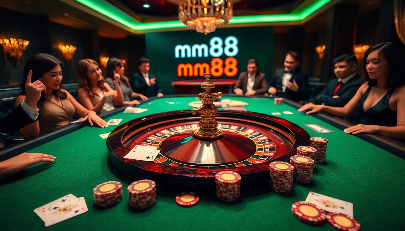 Excited players engaging in a thrilling round of casino games at mm88's luxurious table setup.