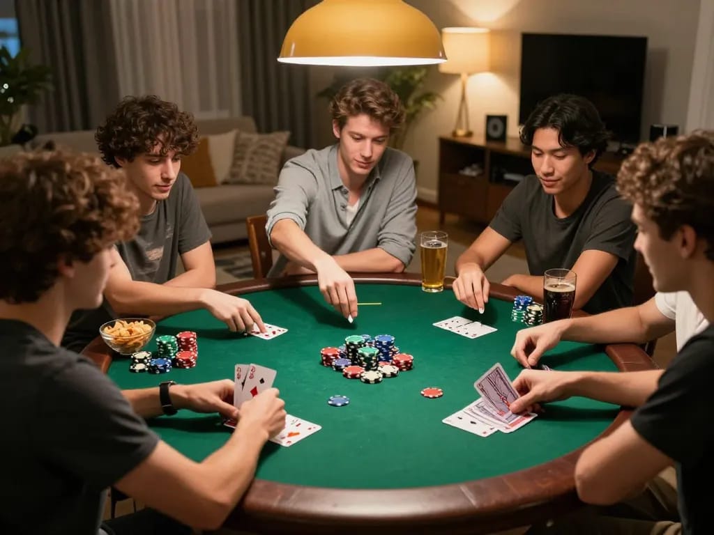Enjoying a lively poker night while tracking keluaran togel singapore with friends, snacks, and vibrant chips.