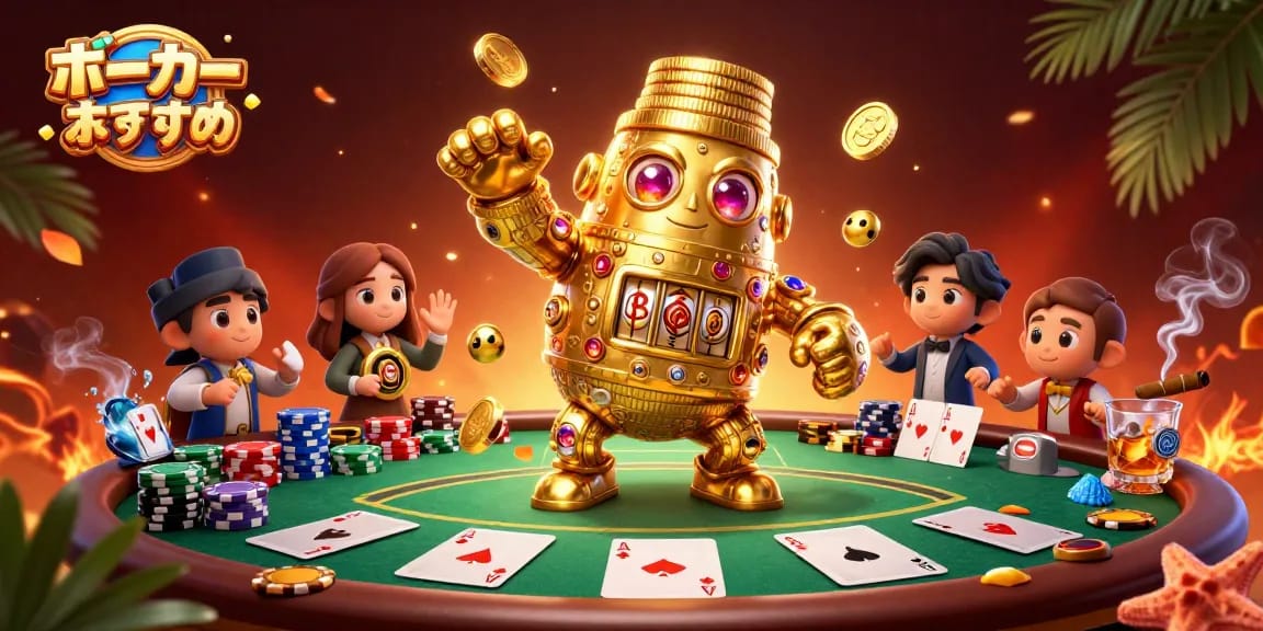 ポーカー オンライン おすすめを提供するゴールデンゴーレムが、カラフルなポーカーチップに囲まれたダイナミックなシーン。