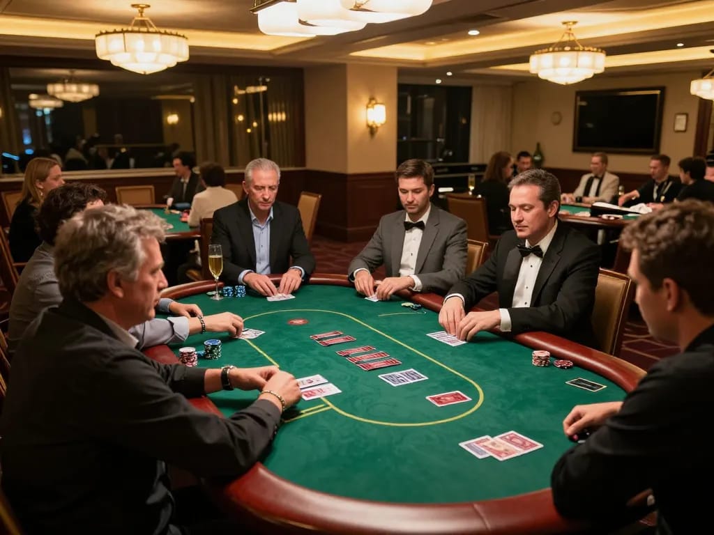 Players strategizing their next moves in vipwin's exclusive poker room, showcasing a luxurious atmosphere.
