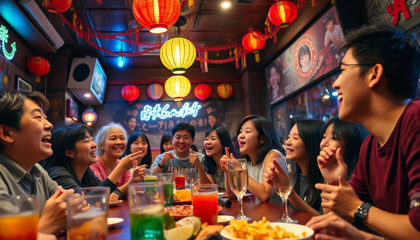 웃음과 음료, 음악으로 가득 찬 노래방의 매력적인 제주도유흥 장면.