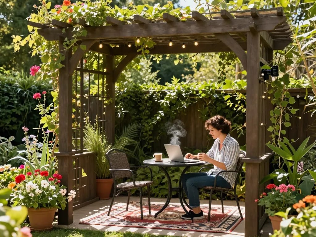 Elegant outdoor setting with a 3D pergola, a person enjoying coffee and laptop under string lights, lush garden backdrop.