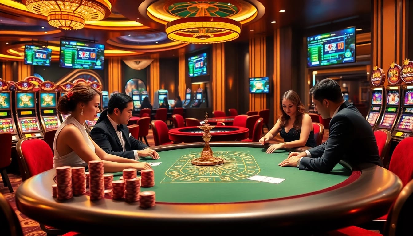 Experience the thrill of kerajaanslot with players at a luxurious casino poker table.
