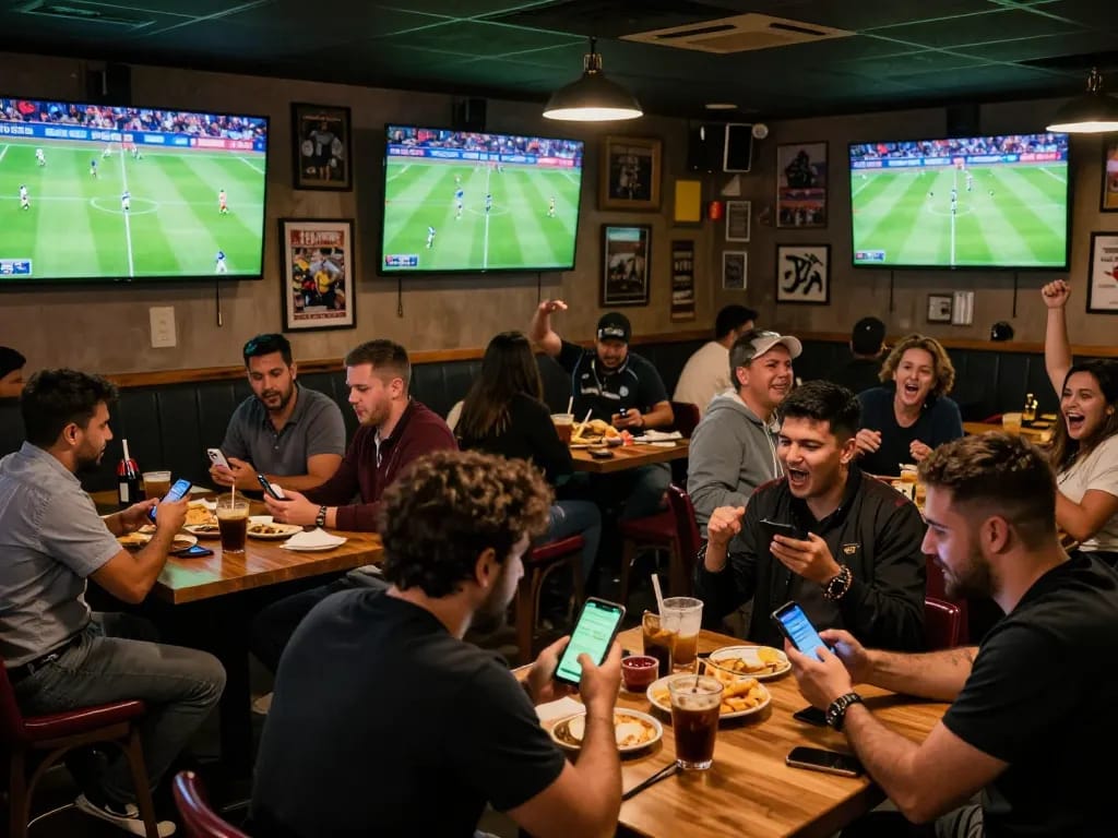 Patrons enjoying trực tiếp bóng đá okwintv at a lively sports bar, celebrating soccer matches with friends, smartphones in hand for live betting.
