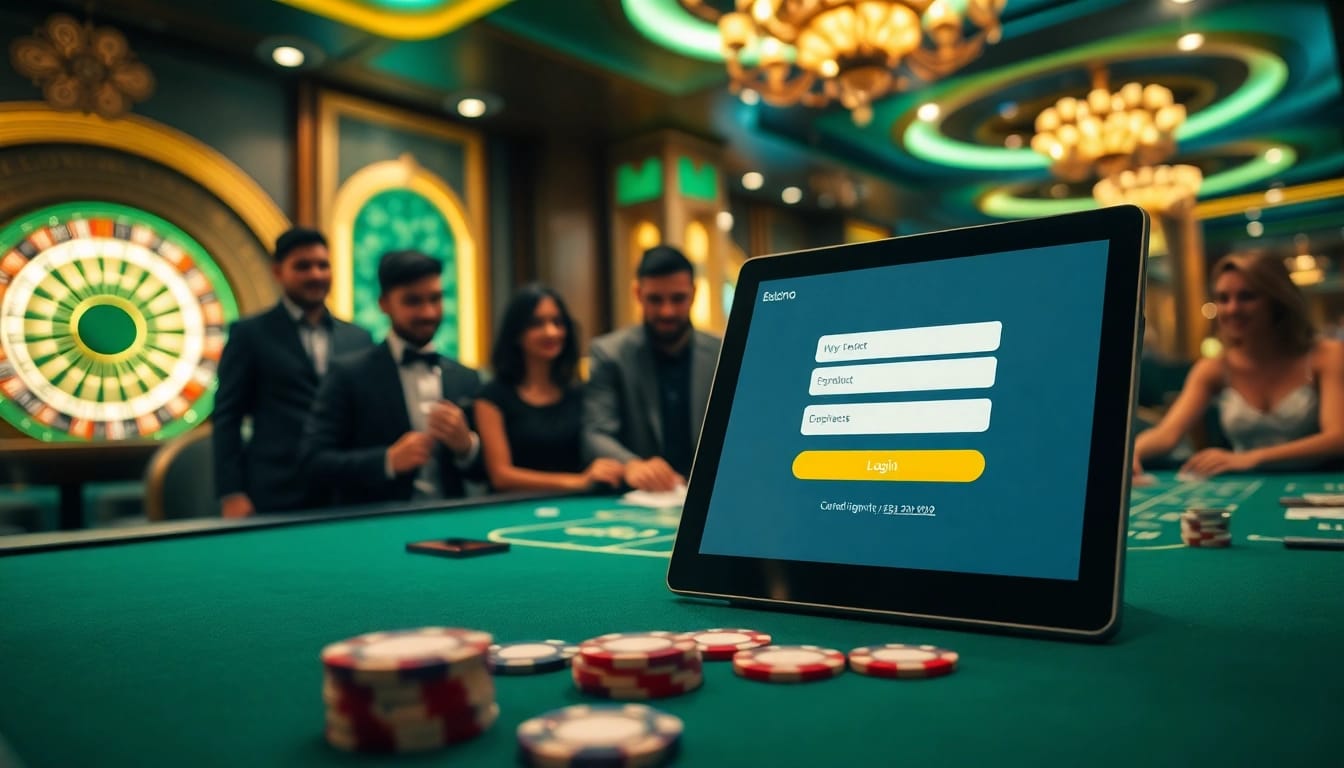 Experience the thrill of casino gaming as players login to their favorite games amid dazzling lights.