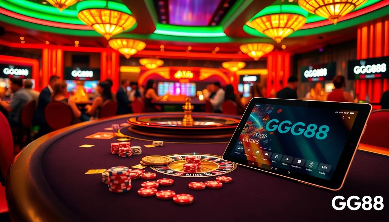 GG88 players engaging with a luxurious casino table featuring colorful chips and cards.