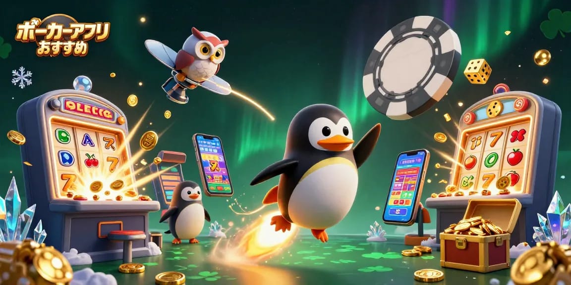 ポーカーアプリ おすすめでの賭けプレイを楽しむためのシーン、黄金のペンギンが宇宙を駆け巡る