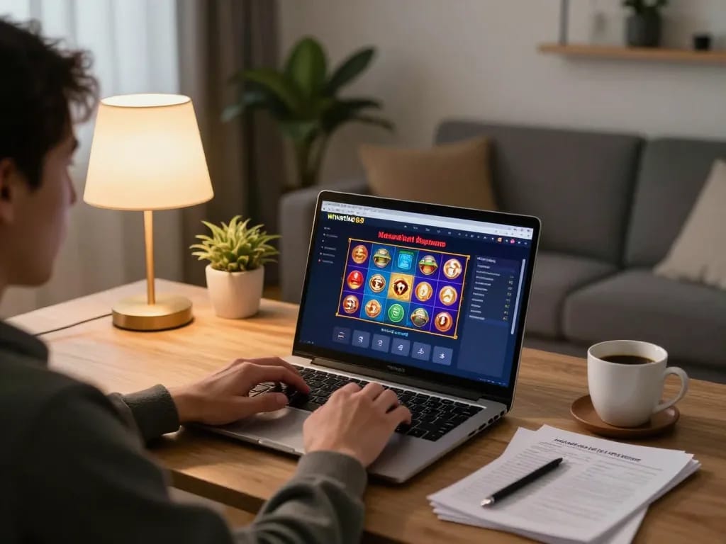 Player exploring winstrike69 online casino slots on a cozy gaming setup in a modern living room.