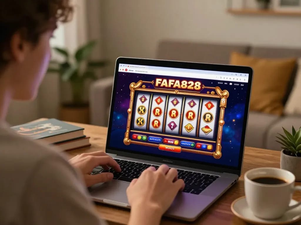 Player enjoying FAFA828 online slots at home, showcasing vibrant game interface and cozy atmosphere.