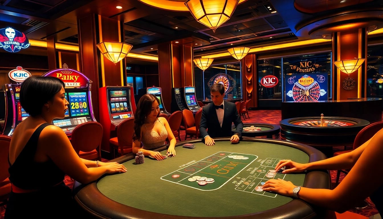 KJC players enjoying a thrilling moment at a luxurious casino poker table.