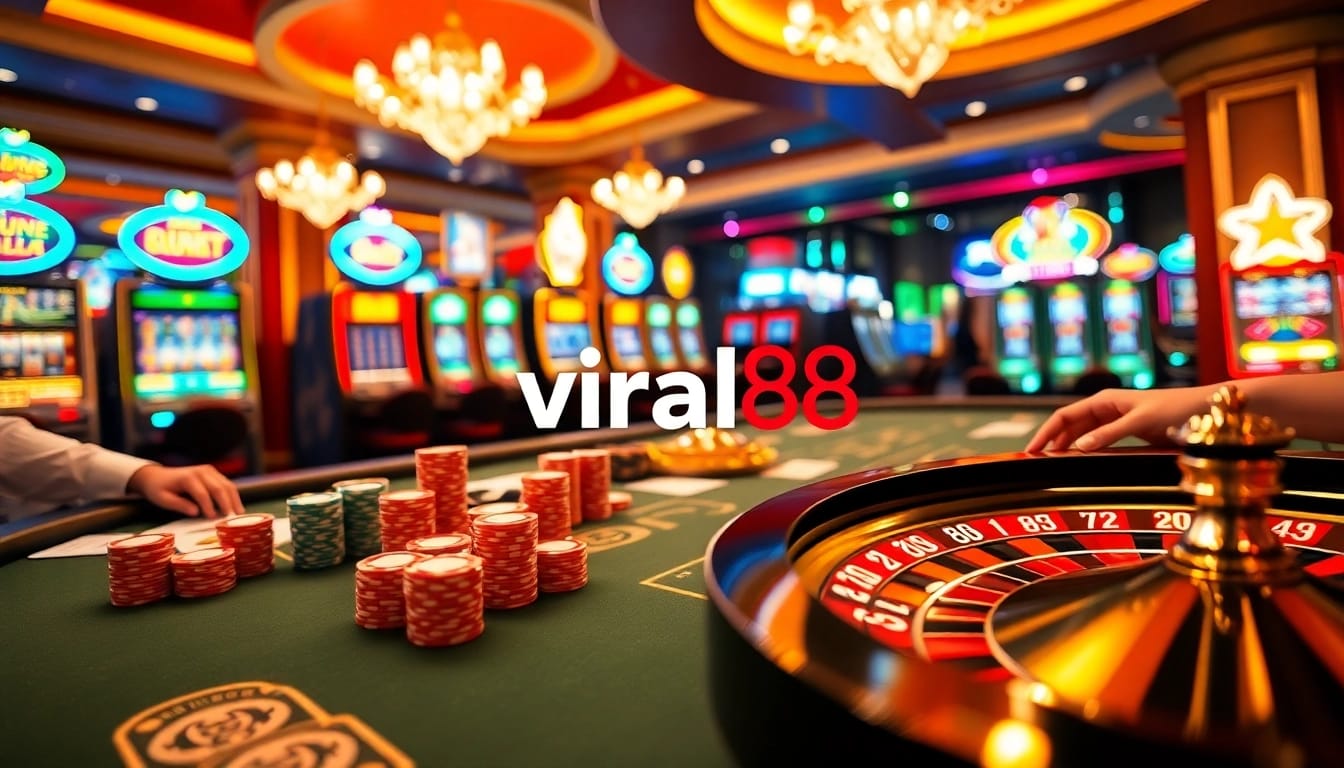 Players enjoying an immersive poker game at a casino table, highlighting viral88's exciting atmosphere.