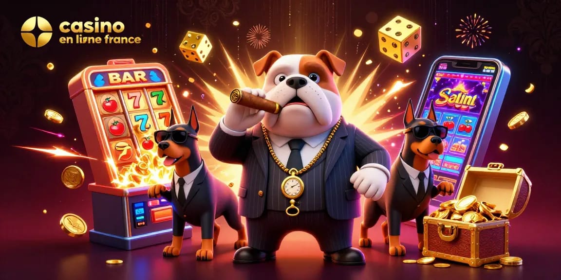 Découvrez l'univers du casino en ligne France avec un bulldog mafieux entouré de gardes et de jackpots éclatants.