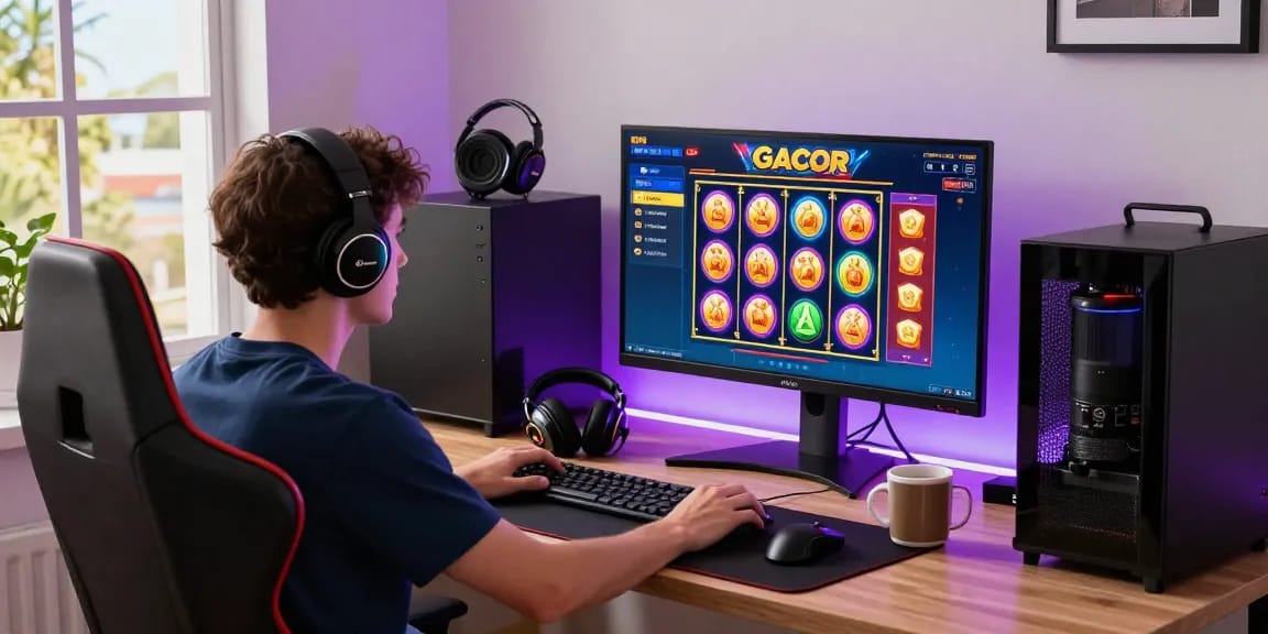 Player enjoying a slot gacor game in a vibrant home office setup with engaging graphics and gaming accessories.