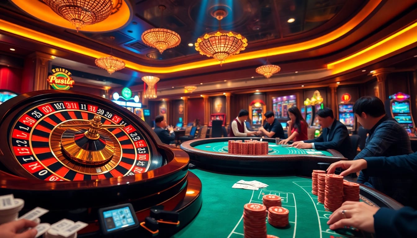 Captivating view of a casino atmosphere showcasing Kết quả xổ số amidst vibrant poker chips and roulette wheels.
