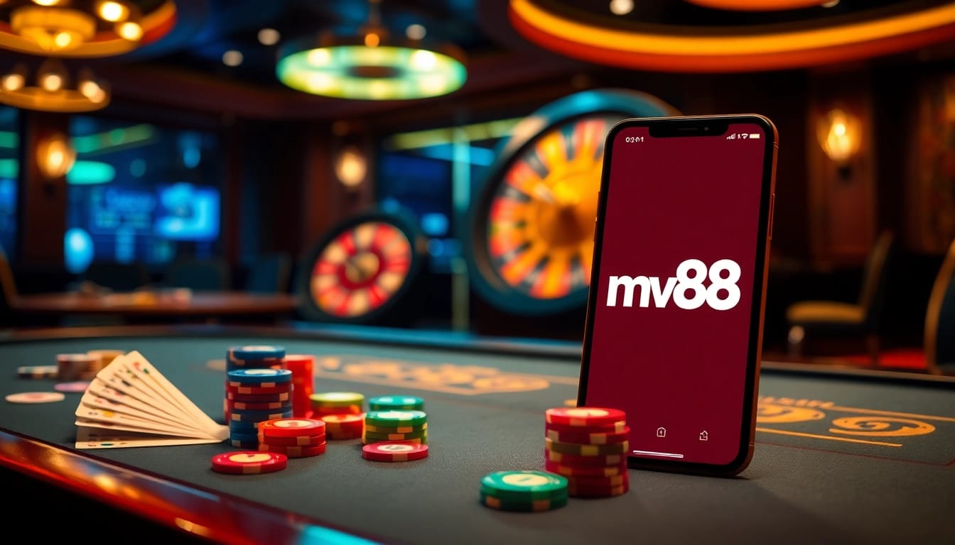 Engaging casino scene featuring mv88 logo on a smartphone beside poker chips and roulette.