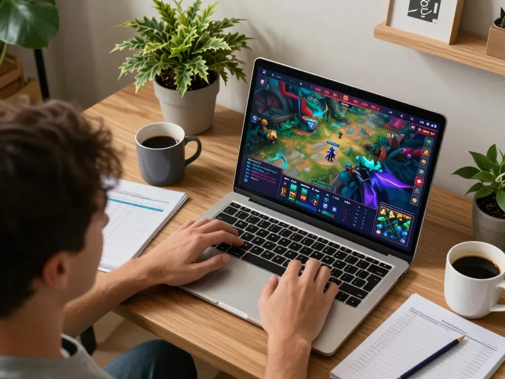 Engaging in Gajah Toto gameplay on a laptop with strategic bankroll management notes visible in a cozy home workspace