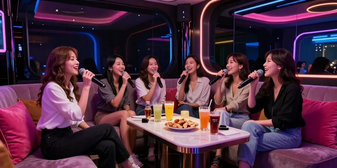 강남가라오케에서 친구들과 함께 즐거운 노래 시간을 즐기는 모습