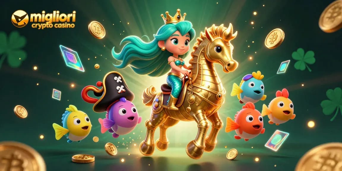 Immagine dei migliori crypto casino con monete Bitcoin e Ethereum in un'illustrazione fantastica.