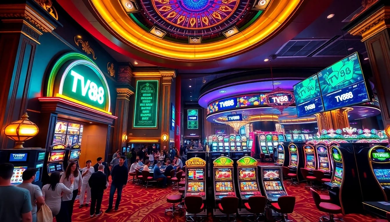 Excited gamblers engaged in lively games at TV88 casino with vibrant slot machines.